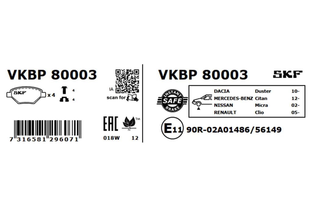 Jeu de 4 plaquettes de frein SKF ref. VKBP 80003